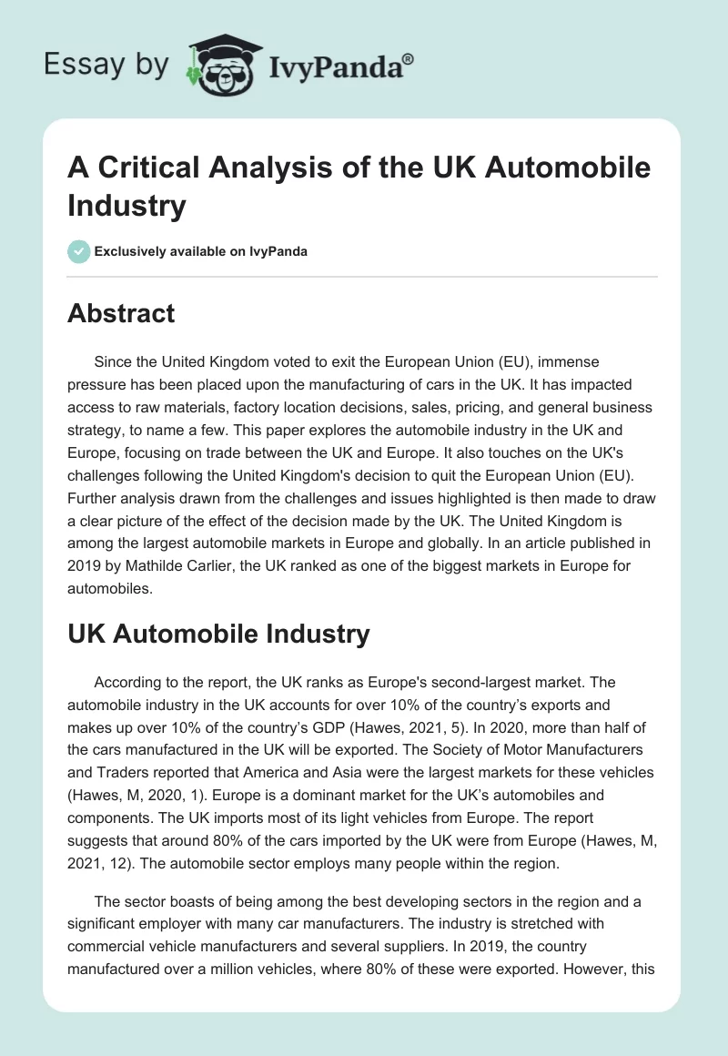 A Critical Analysis of the UK Automobile Industry. Page 1