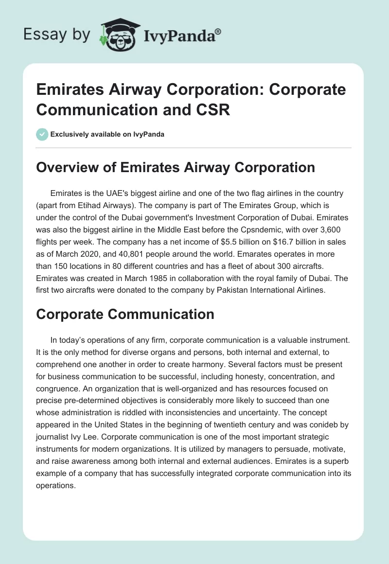 Emirates Airway Corporation: Corporate Communication and CSR. Page 1