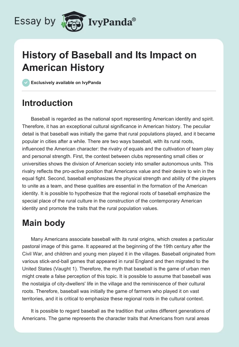 History of Baseball and Its Impact on American History - 838 Words ...