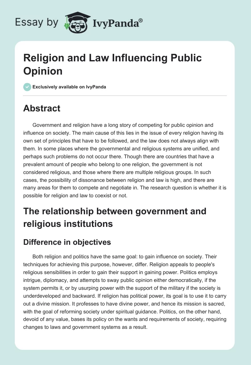 Religion and Law Influencing Public Opinion. Page 1