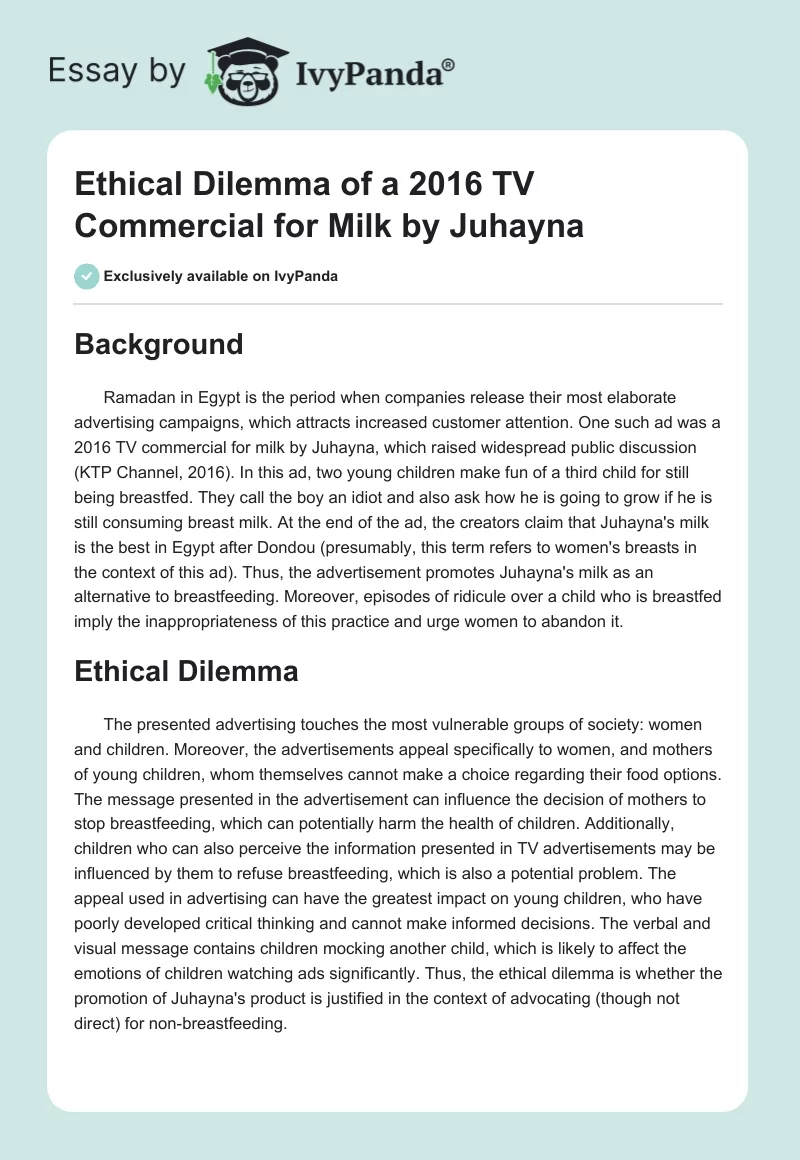 Ethical Dilemma of a 2016 TV Commercial for Milk by Juhayna. Page 1