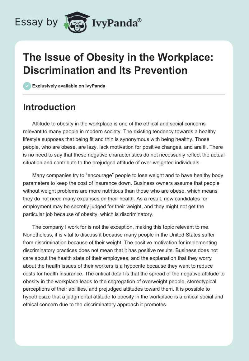 The Issue of Obesity in the Workplace: Discrimination and Its Prevention. Page 1