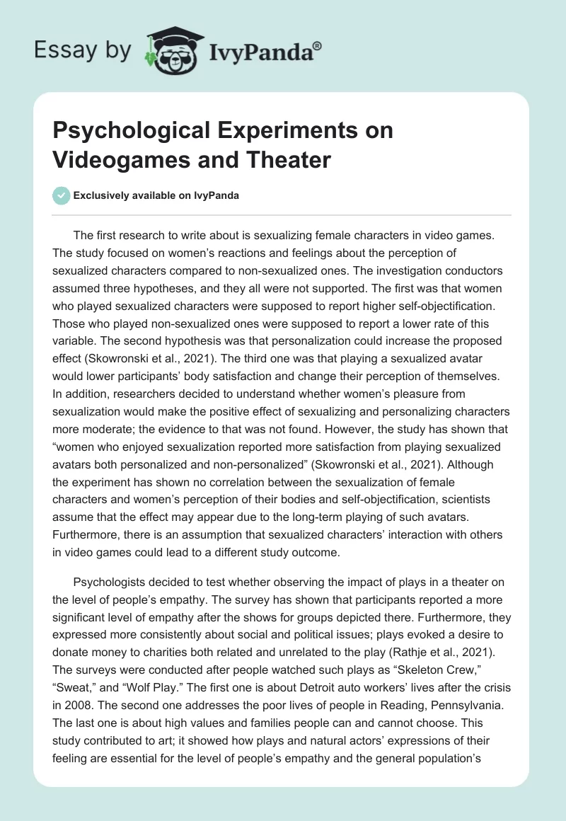 Psychological Experiments on Videogames and Theater. Page 1