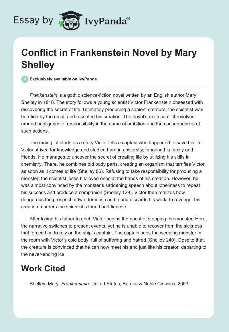 Conflict in "Frankenstein" Novel by Mary Shelley. Page 1