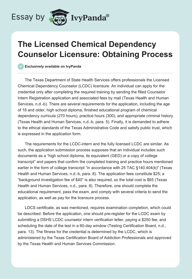 The Licensed Chemical Dependency Counselor Licensure: Obtaining Process. Page 1
