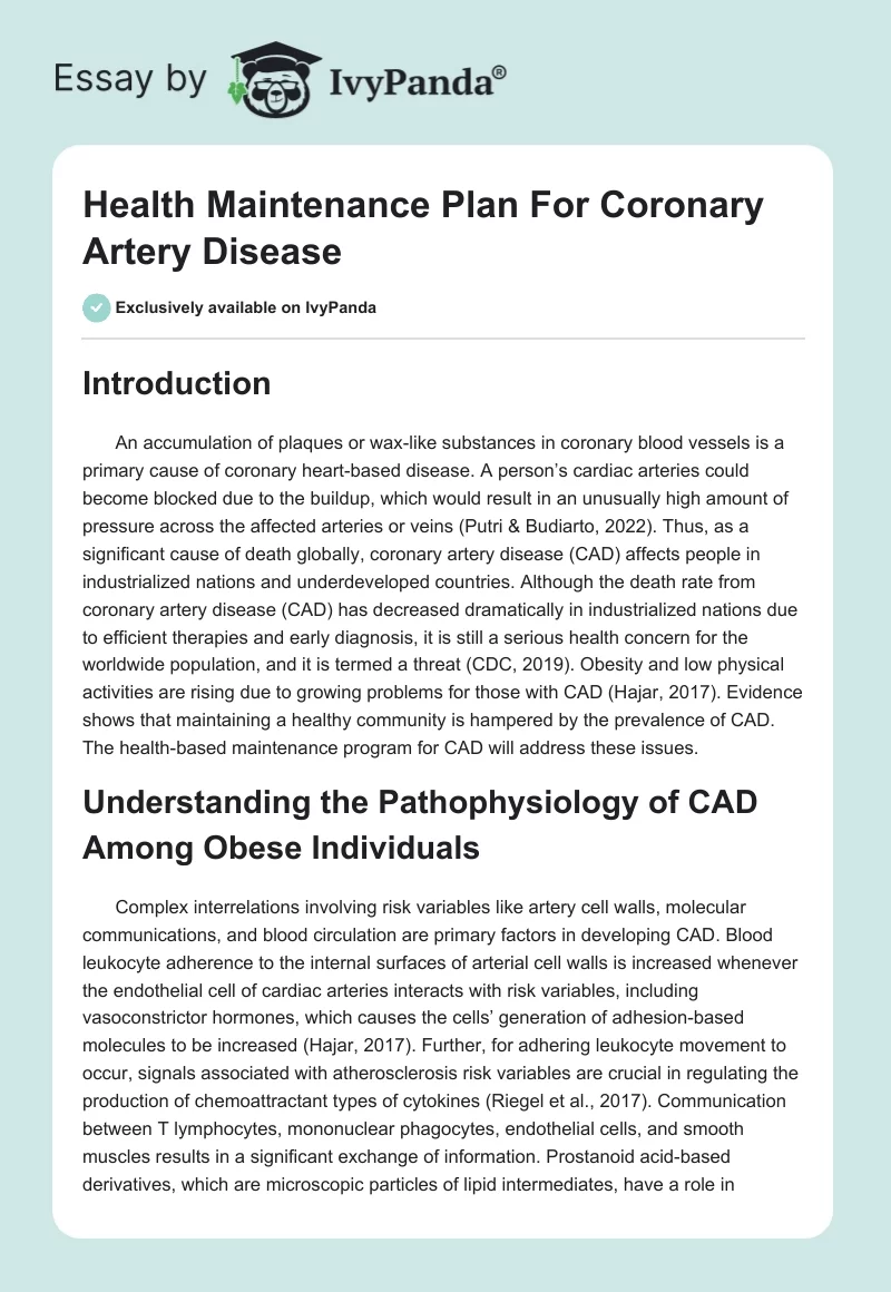 Health Maintenance Plan For Coronary Artery Disease. Page 1