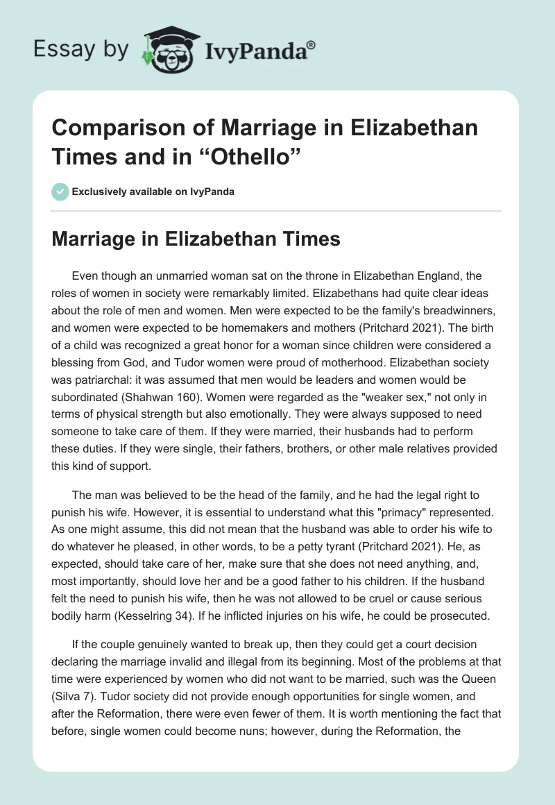 Comparison of Marriage in Elizabethan Times and in “Othello”. Page 1
