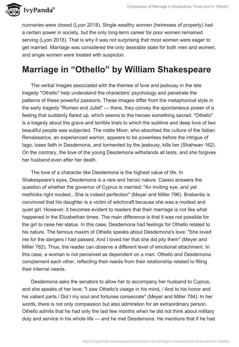 Comparison of Marriage in Elizabethan Times and in “Othello”. Page 2
