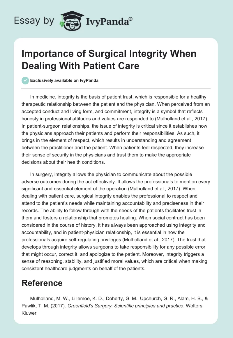 Importance of Surgical Integrity When Dealing With Patient Care. Page 1