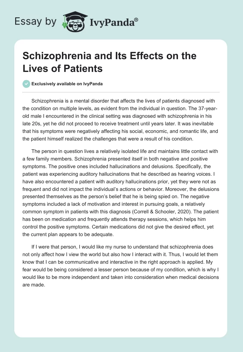 Schizophrenia and Its Effects on the Lives of Patients. Page 1