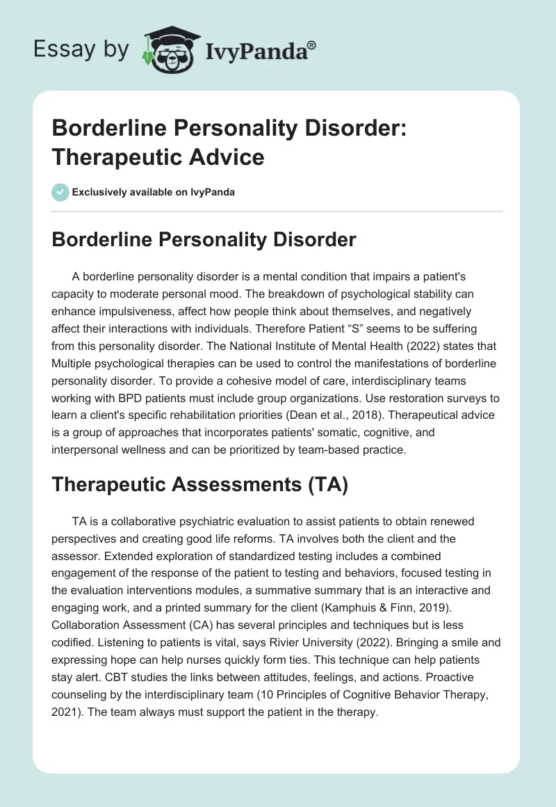 Borderline Personality Disorder: Therapeutic Advice. Page 1