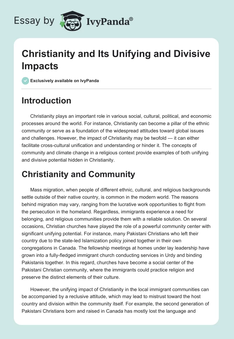Christianity and Its Unifying and Divisive Impacts. Page 1