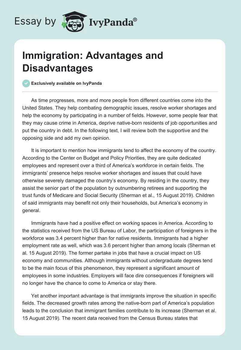 Immigration: Advantages and Disadvantages. Page 1