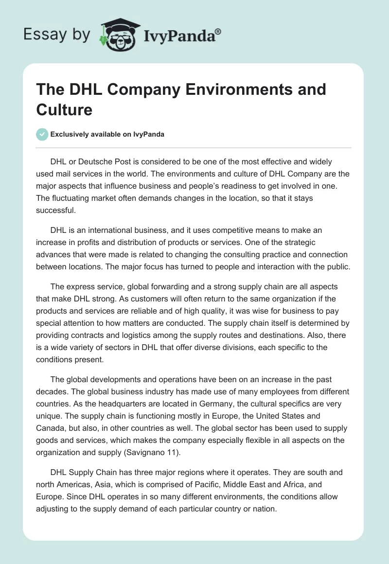 The DHL Company Environments and Culture. Page 1