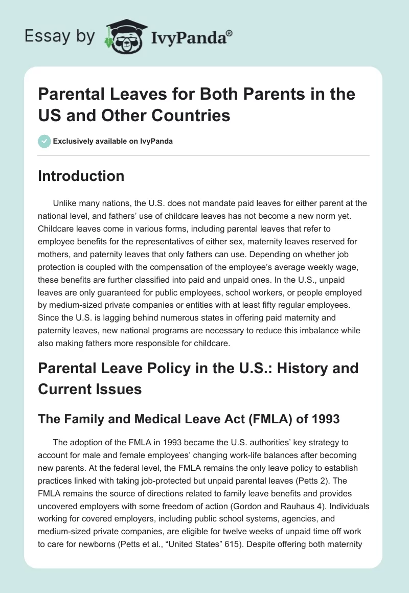 Parental Leaves for Both Parents in the US and Other Countries. Page 1