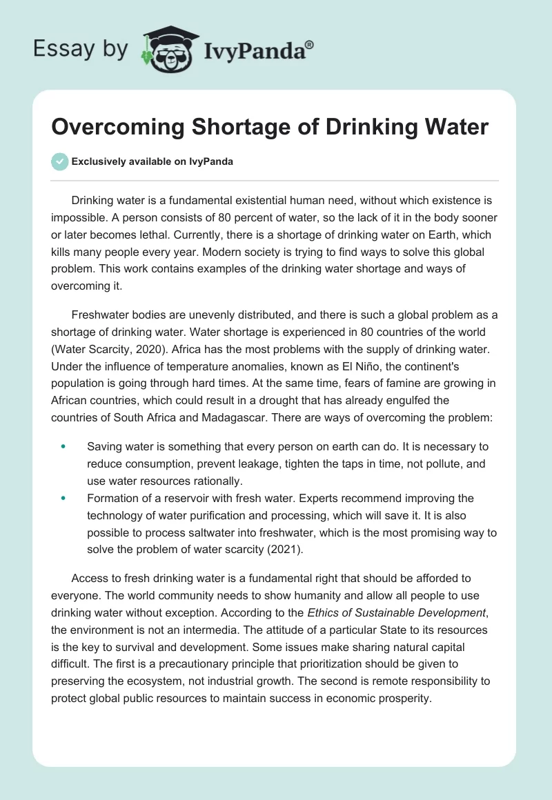 Overcoming Shortage of Drinking Water. Page 1