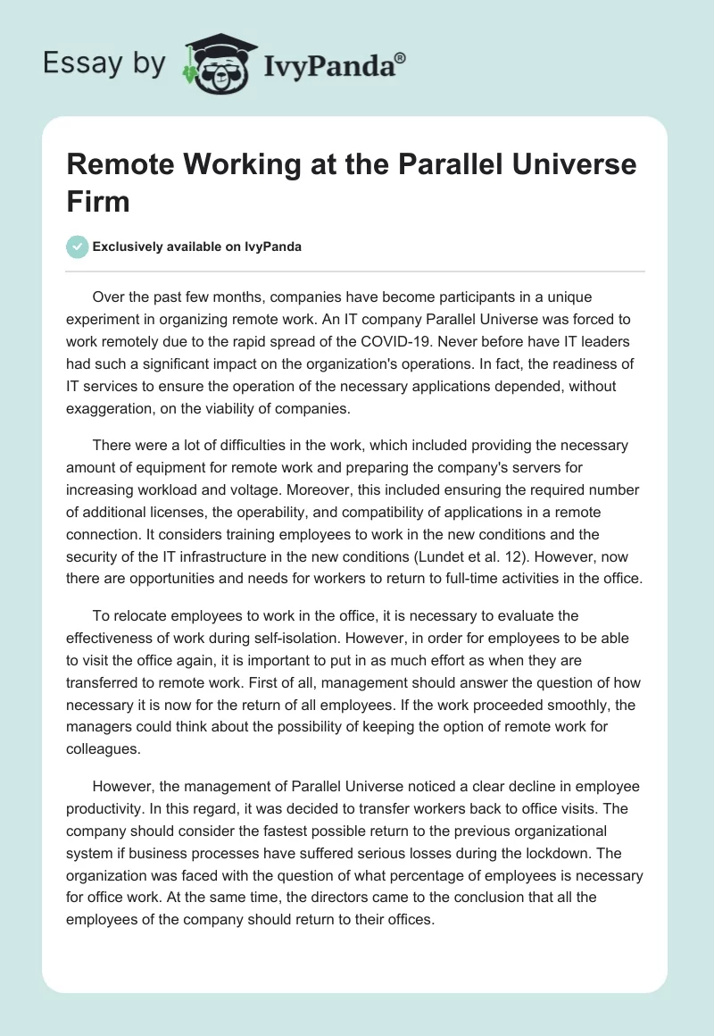 Remote Working at the Parallel Universe Firm. Page 1