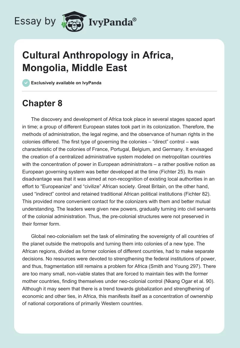 Cultural Anthropology in Africa, Mongolia, Middle East. Page 1