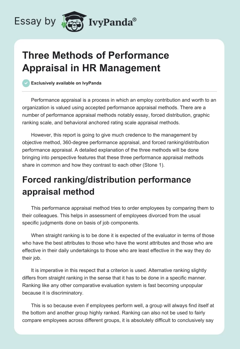 Three Methods of Performance Appraisal in HR Management. Page 1