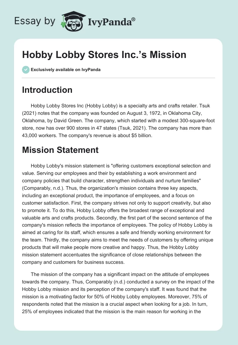 Hobby Lobby Stores Inc.’s Mission. Page 1