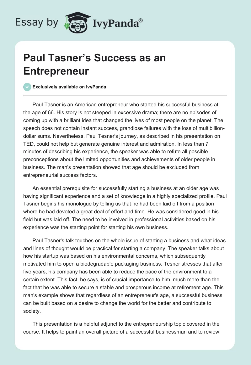Paul Tasner’s Success as an Entrepreneur. Page 1