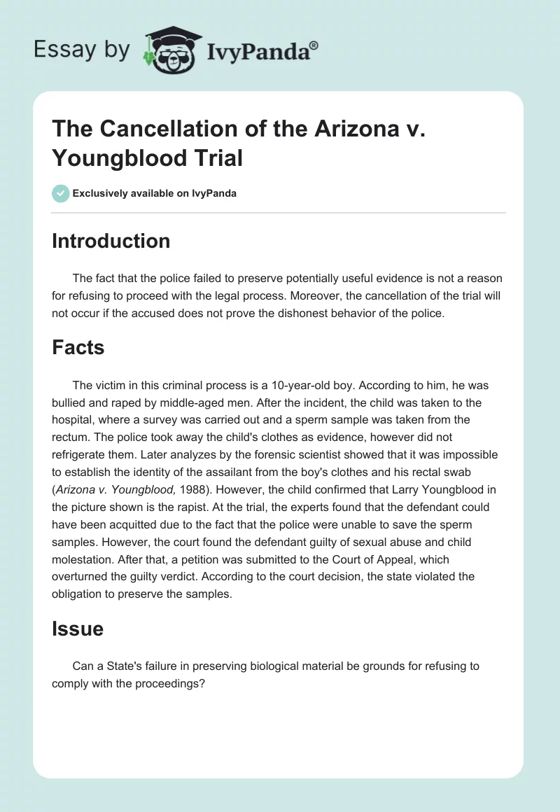 The Cancellation of the Arizona v. Youngblood Trial. Page 1