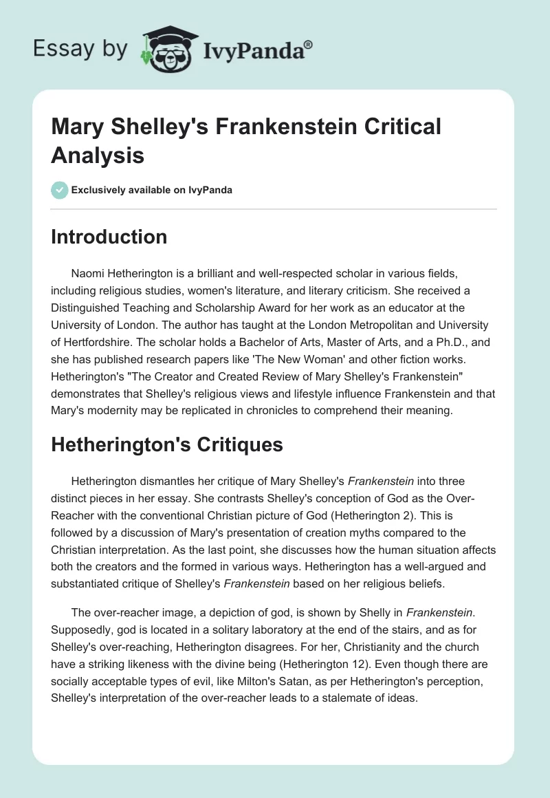 Mary Shelley's Frankenstein Critical Analysis. Page 1