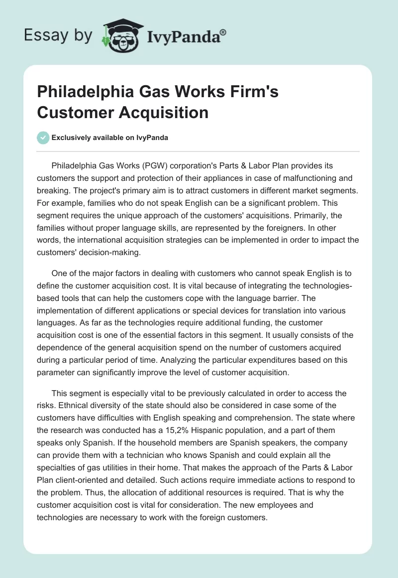Philadelphia Gas Works Firm's Customer Acquisition. Page 1
