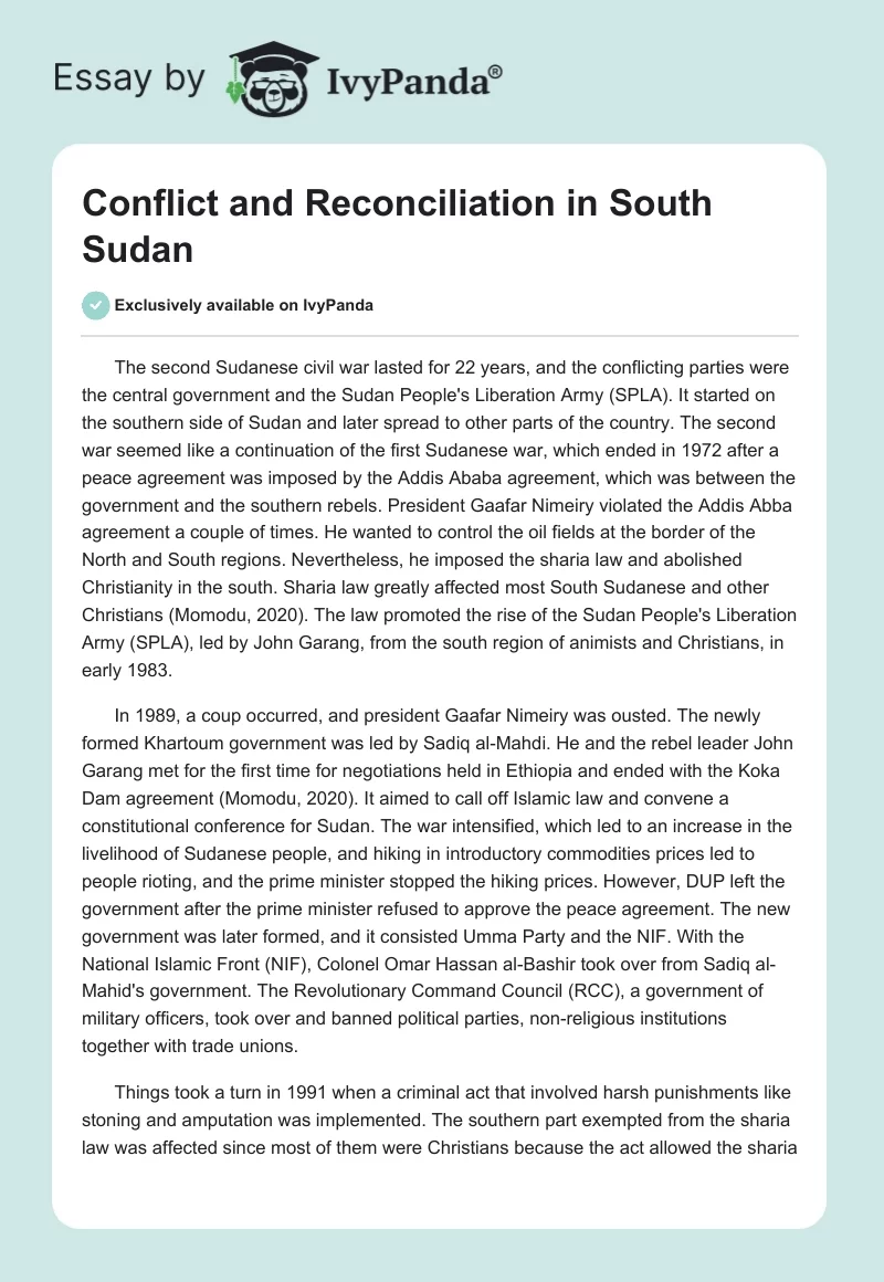 Conflict and Reconciliation in South Sudan. Page 1