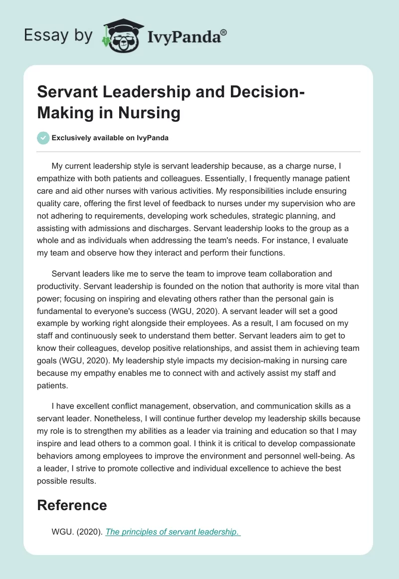Servant Leadership and Decision-Making in Nursing. Page 1