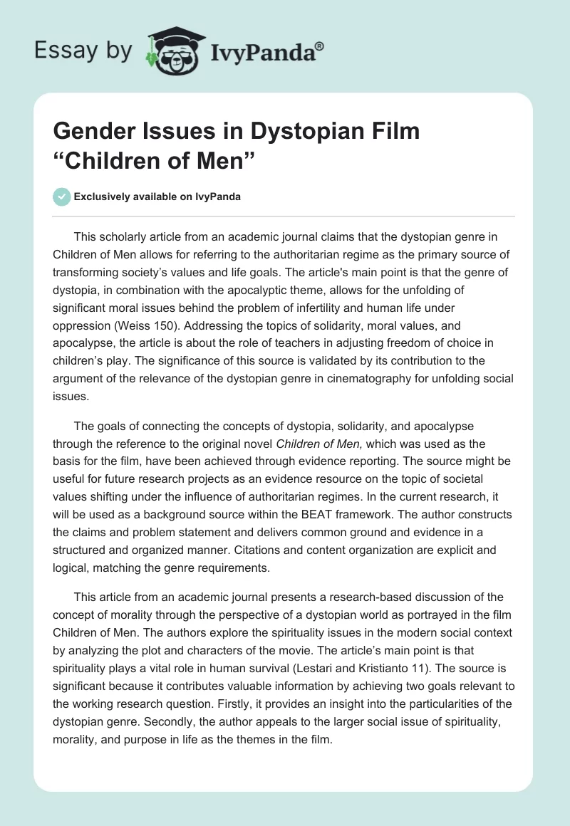 Gender Issues in Dystopian Film “Children of Men”. Page 1
