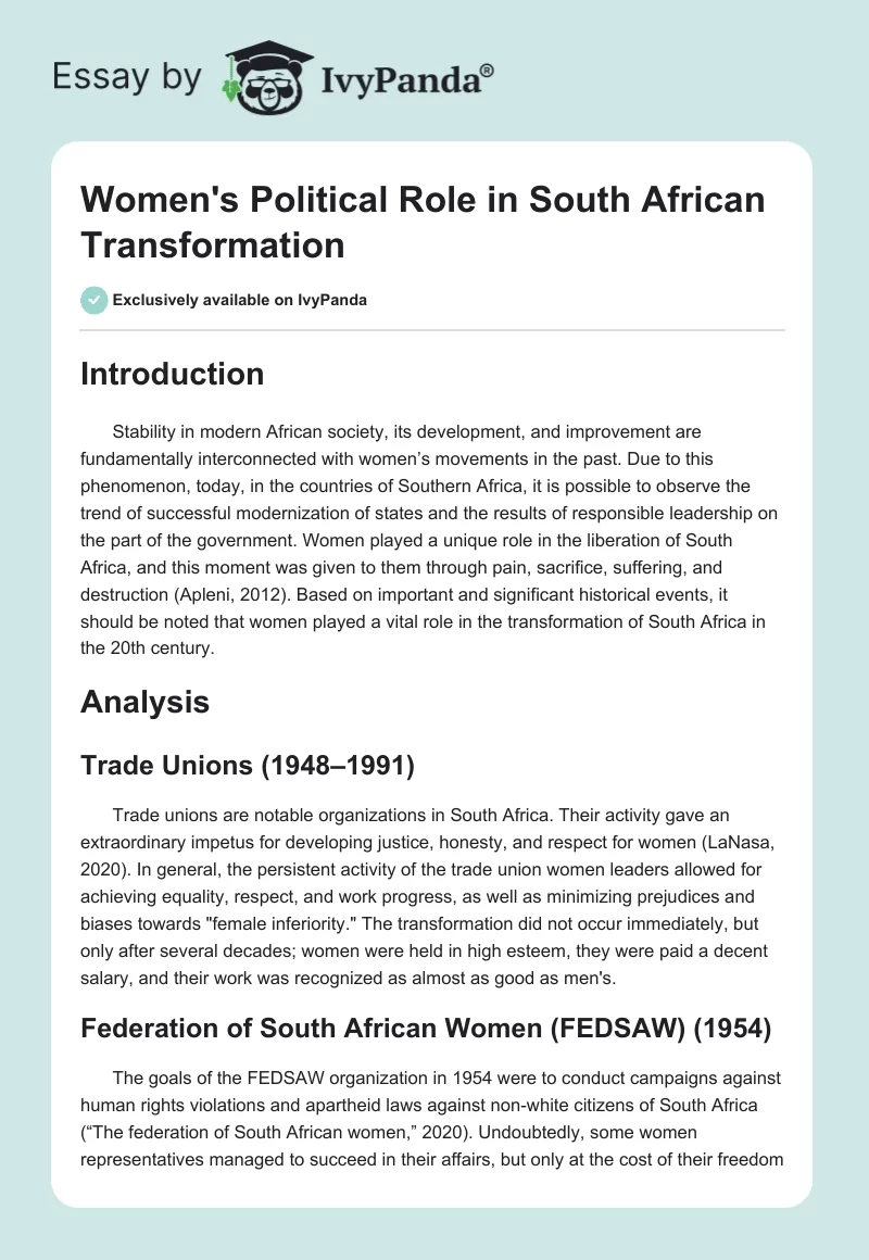 Women's Political Role in South African Transformation. Page 1