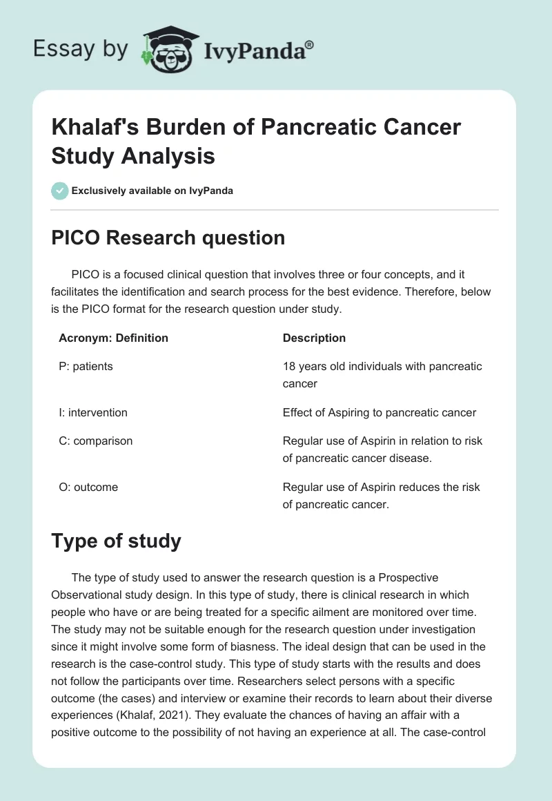 Khalaf's Burden of Pancreatic Cancer Study Analysis. Page 1