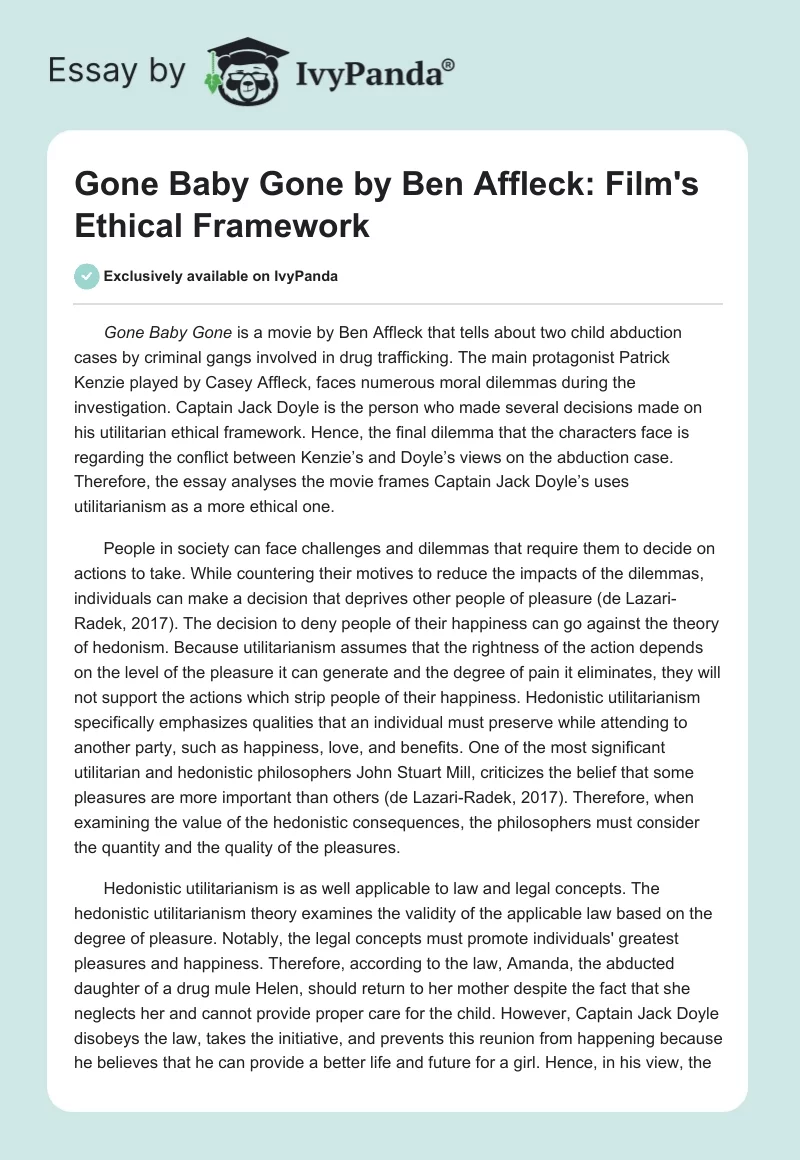 "Gone Baby Gone" by Ben Affleck: Film's Ethical Framework. Page 1
