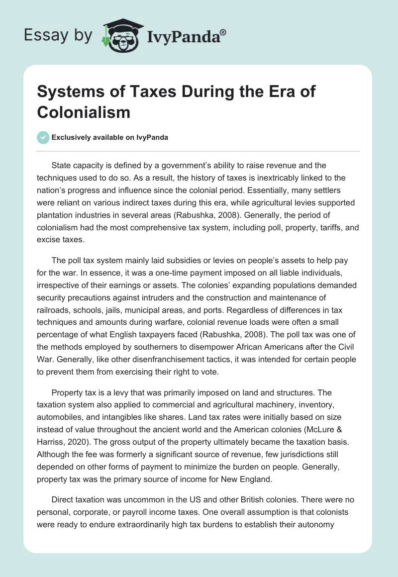 Systems of Taxes During the Era of Colonialism. Page 1