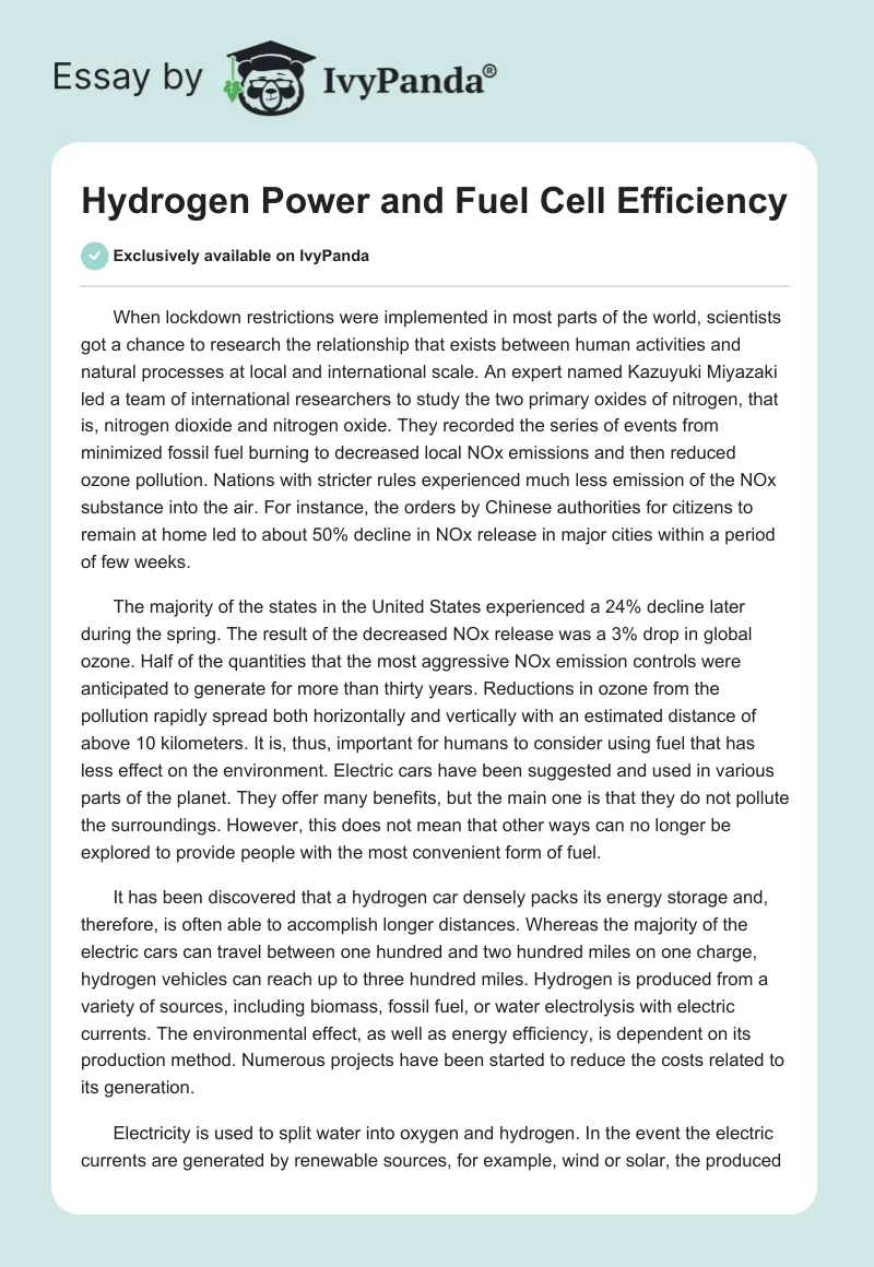 Hydrogen Power and Fuel Cell Efficiency. Page 1