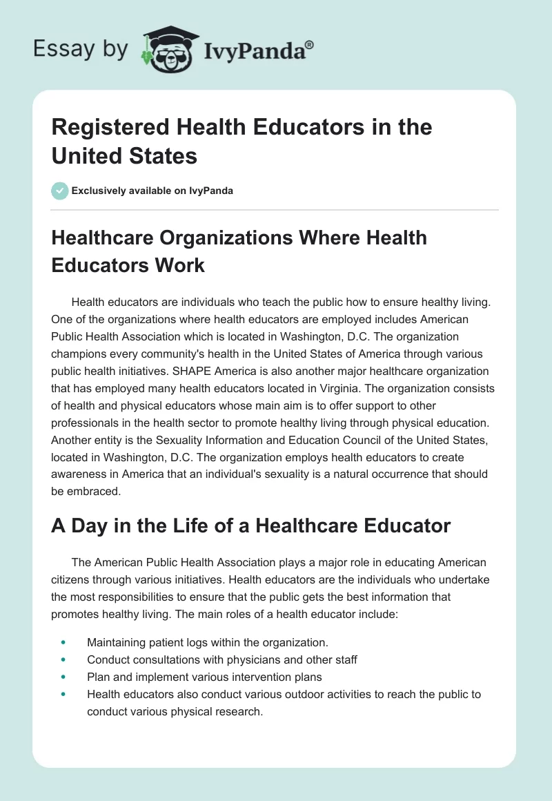 Registered Health Educators in the United States. Page 1