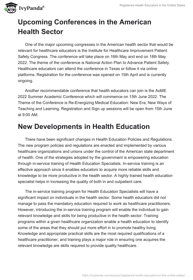 Registered Health Educators in the United States. Page 2