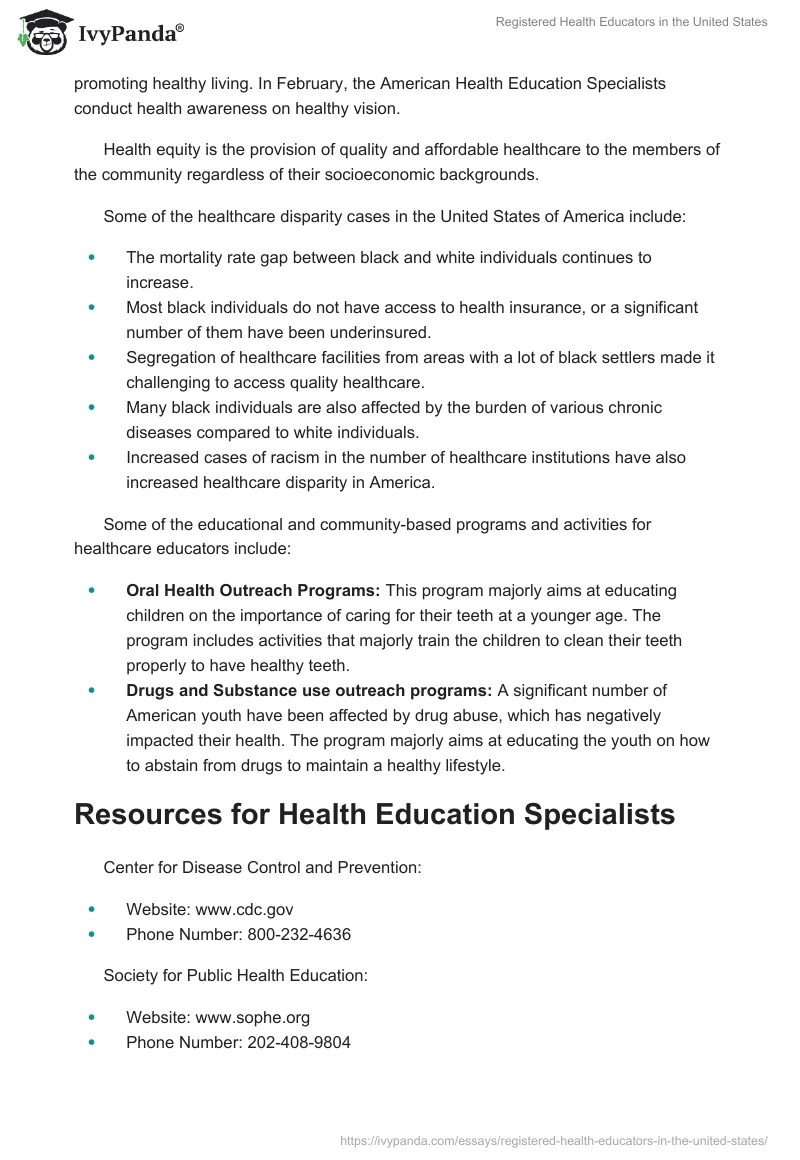 Registered Health Educators in the United States. Page 4