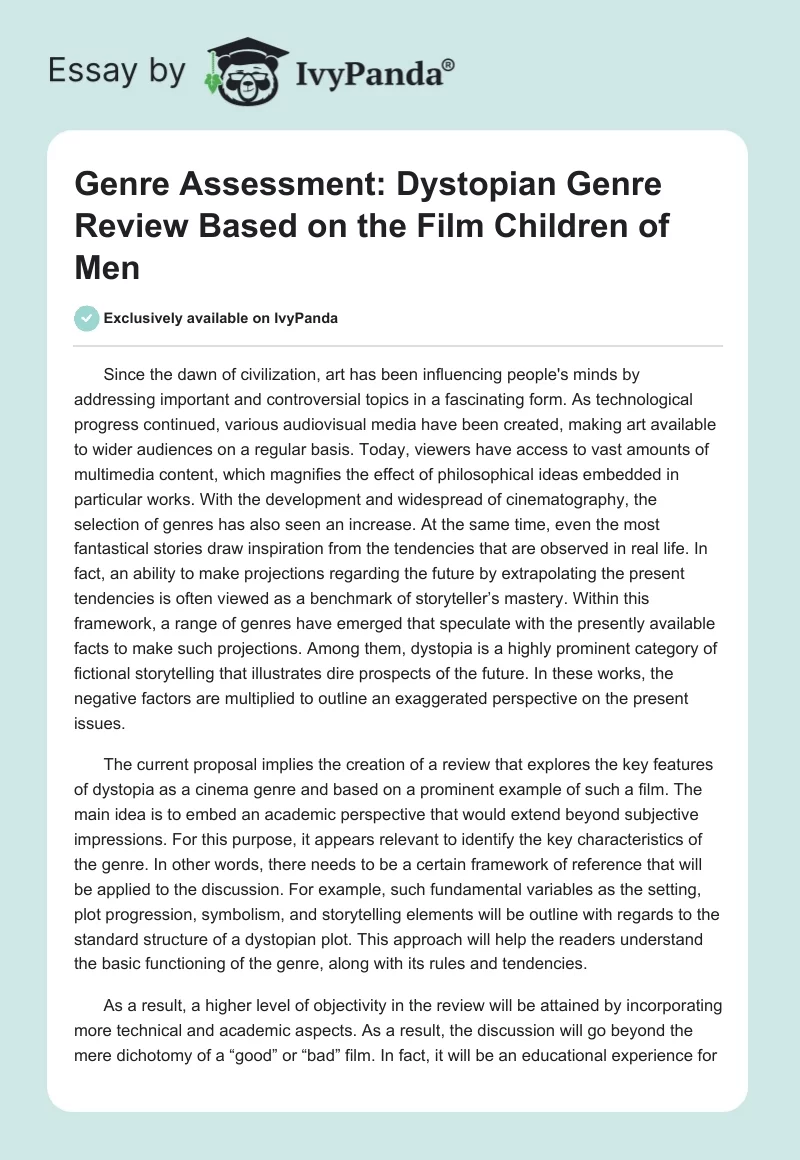 Genre Assessment: Dystopian Genre Review Based on the Film "Children of Men". Page 1