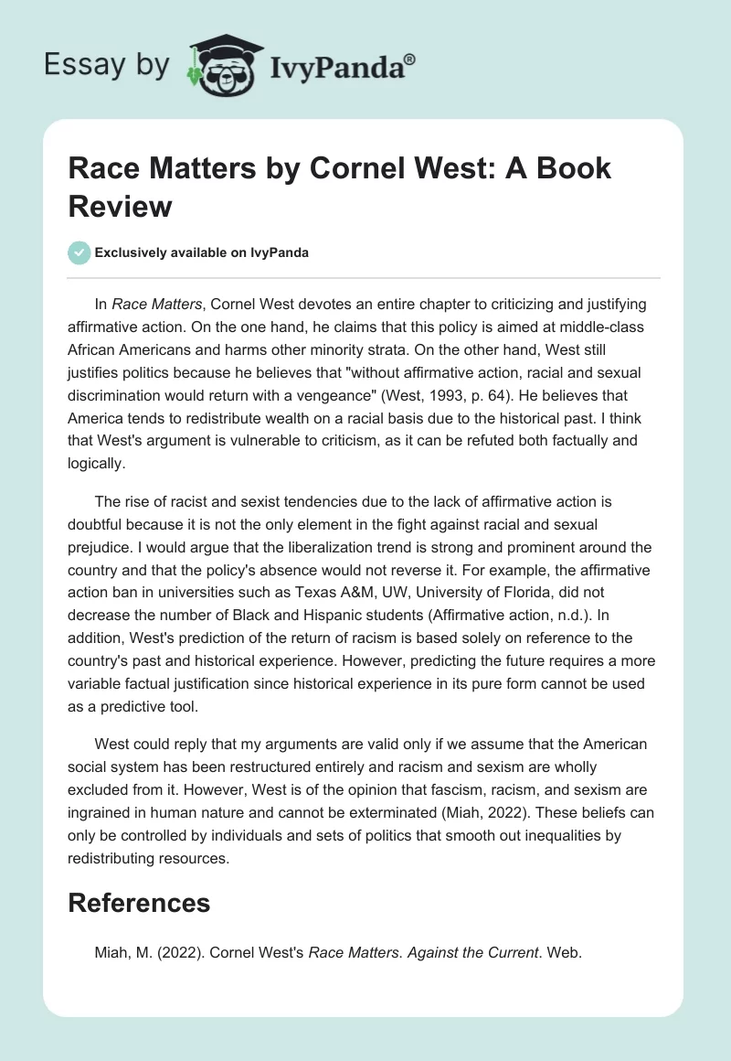 Race Matters by Cornel West: A Book Review. Page 1
