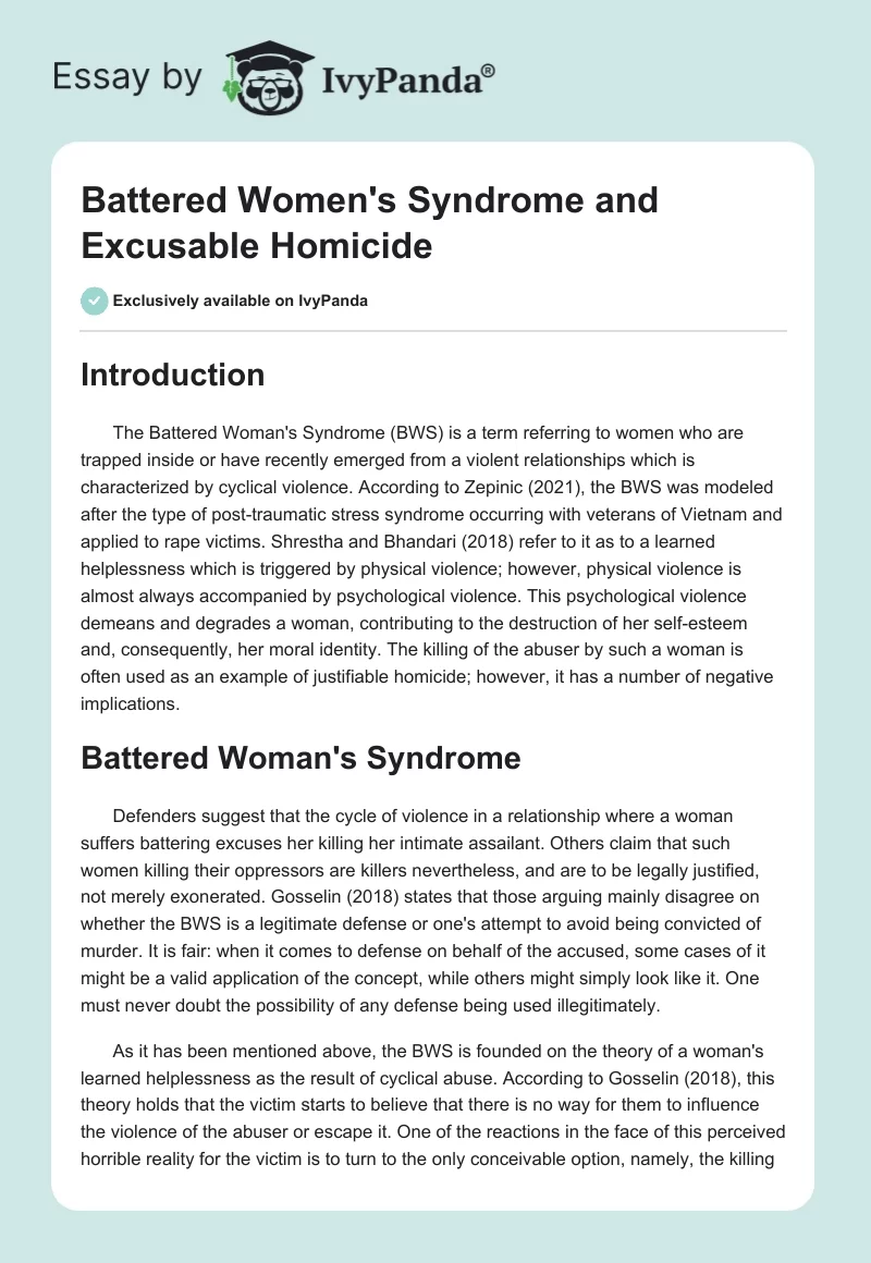 Battered Women's Syndrome and Excusable Homicide. Page 1
