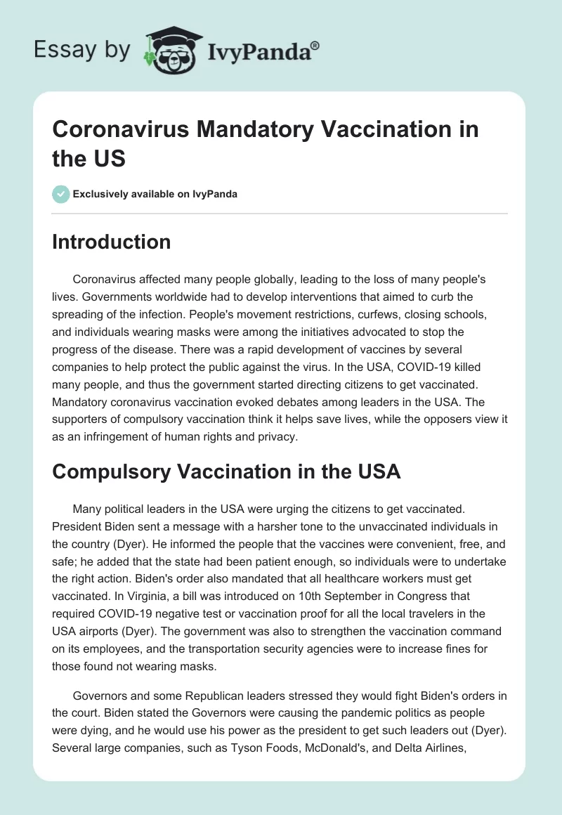 Coronavirus Mandatory Vaccination in the US. Page 1
