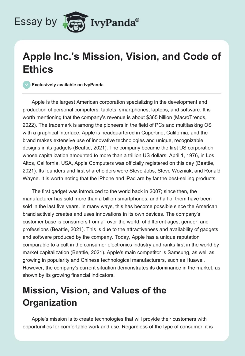 Apple Inc.'s Mission, Vision, and Code of Ethics. Page 1