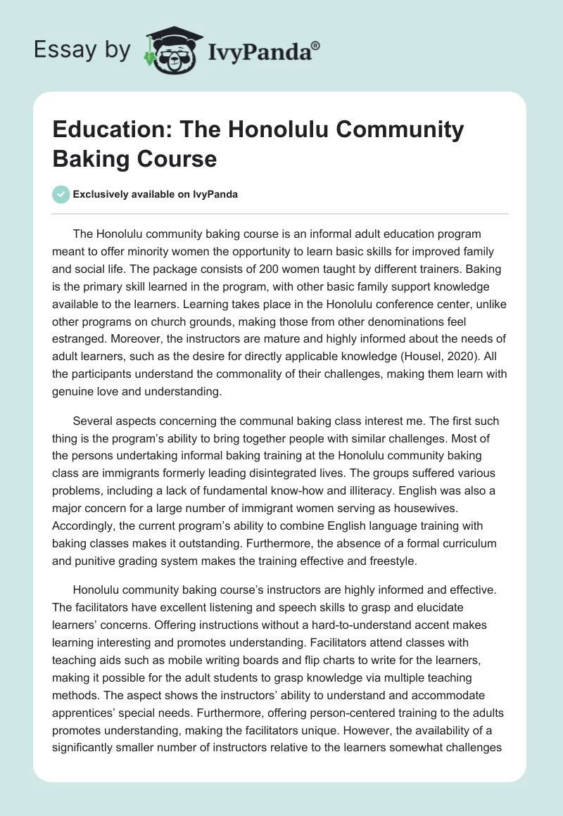 Education: The Honolulu Community Baking Course. Page 1