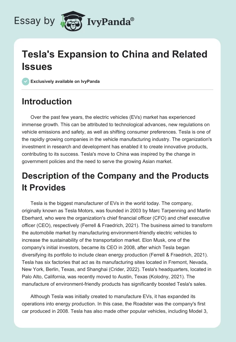 Tesla's Expansion to China and Related Issues. Page 1