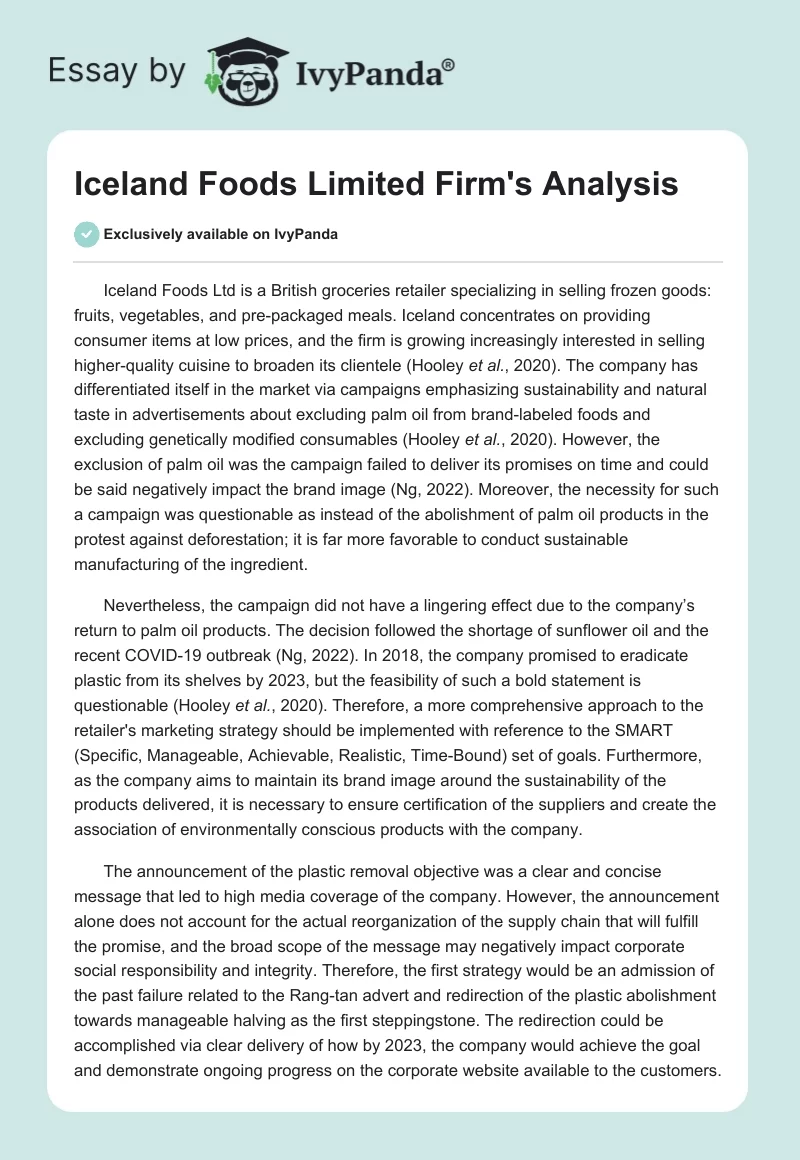 Iceland Foods Limited Firm's Analysis. Page 1