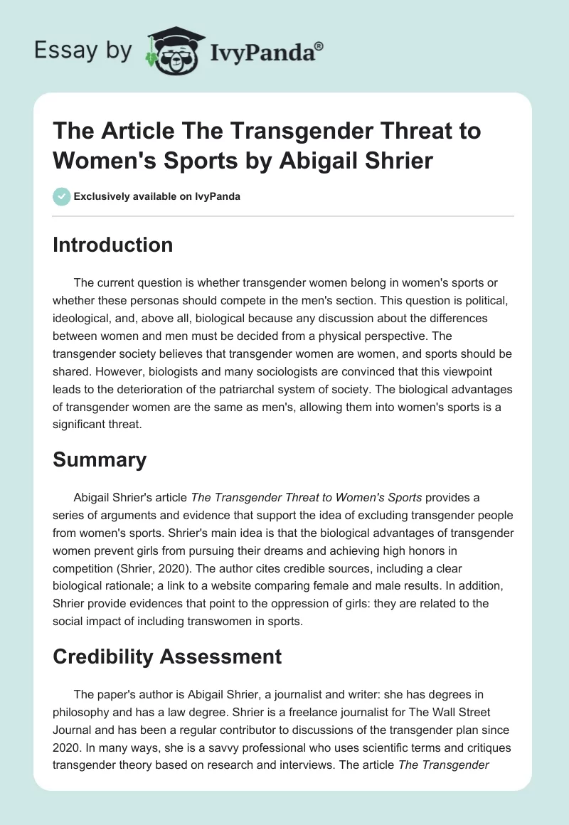 The Article "The Transgender Threat to Women's Sports" by Abigail Shrier. Page 1