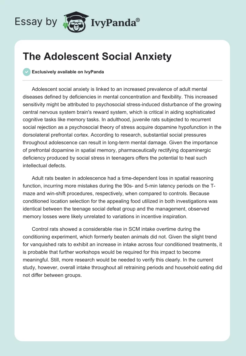 The Adolescent Social Anxiety. Page 1