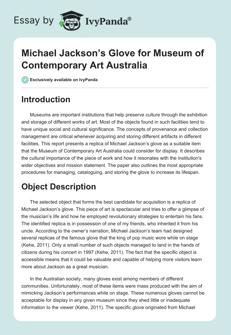 Michael Jackson’s Glove for Museum of Contemporary Art Australia. Page 1